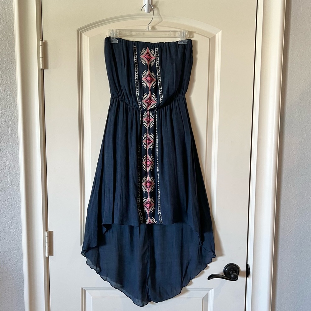 Trixxi NWT Navy Blue Boho Aztec Geometric Embroidered Strapless High Low Dress
